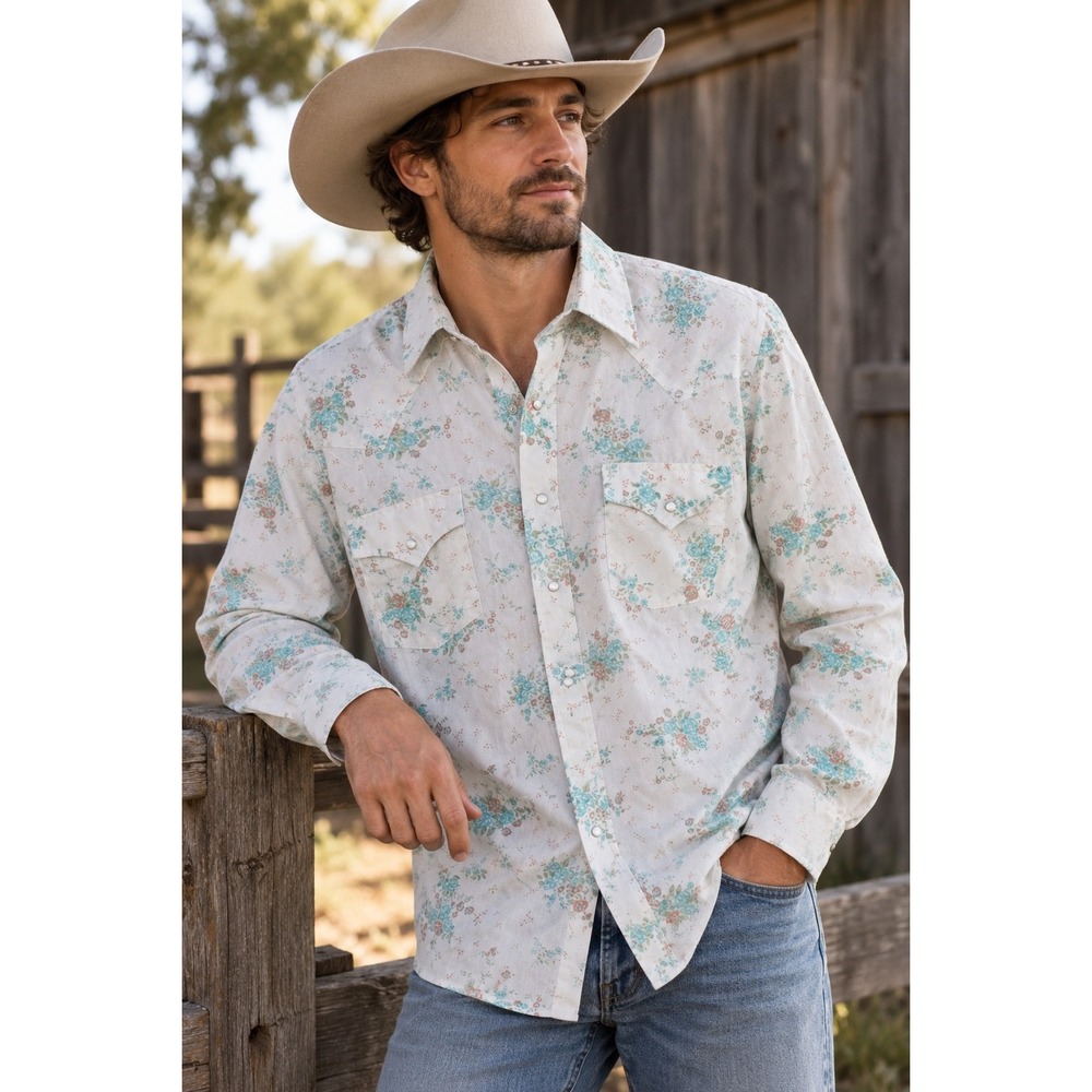 Vintage Champion Westerns Floral Pearl Snap Shirt 16.5 35 Cowboy Western 70s 80s